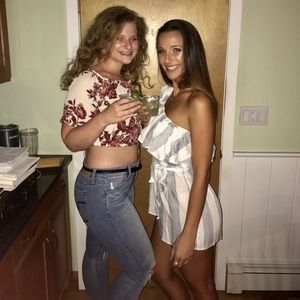 One shoulder baby blue/white striped romper